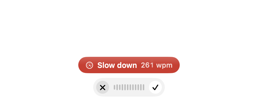 A red “Slow down, 261 wpm” warning above the recording pill