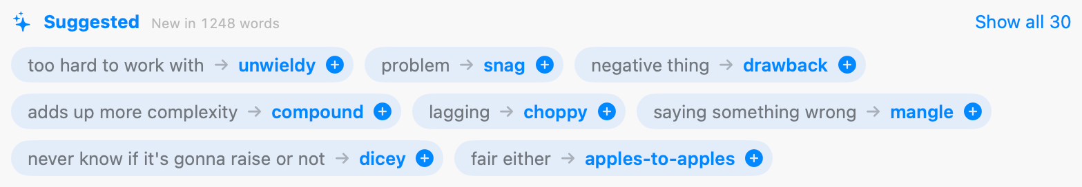 Suggested words: too hard to work with → unwieldy, problem → snag, lagging → choppy