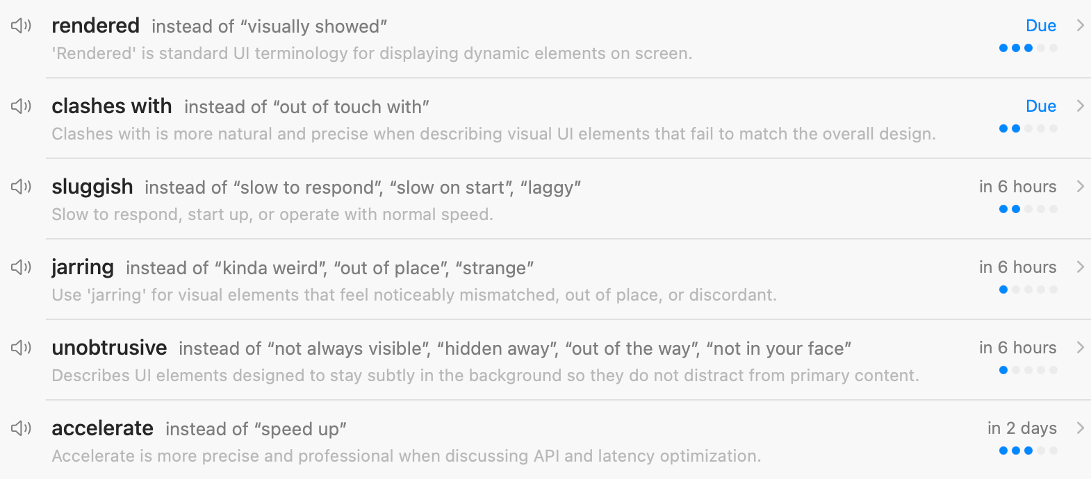 Vocabulary list: each word with the phrases it replaces, when it is due and its reviews